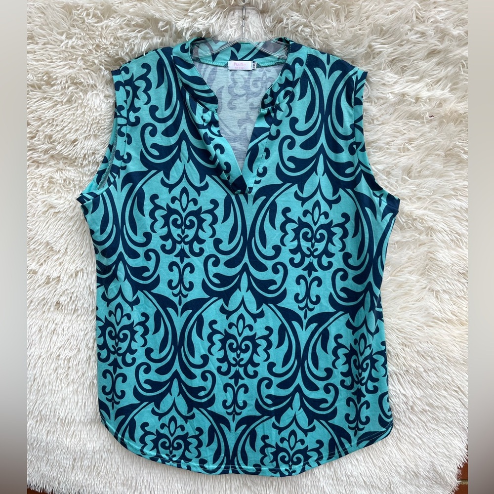 Halife Sleeveless Teal & Navy V-Neck Patterned women’s Top XXL